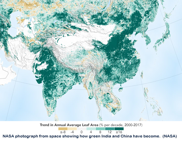 NASA photograph from space showing how green India and China have become.  (NASA)